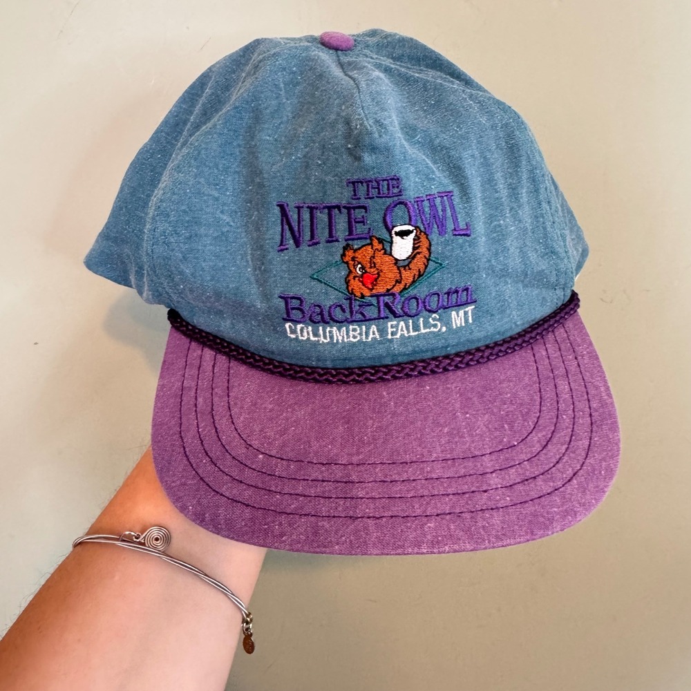 Vintage Jan-Bar Nite Owl BackRoom Columbia Falls MT Hat Blue Purple Squirrel